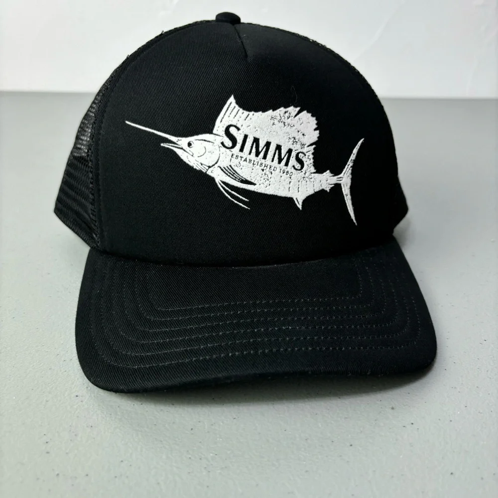 Simms Black Fishing Baseball Hat Cap Snapback Adjustable One Size Cotton Blend